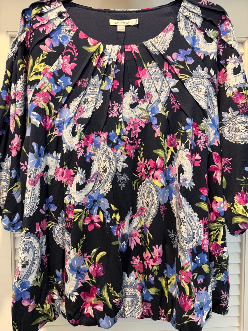 Chico's Navy Tunic with Pink & Blue Floral Paisley Print